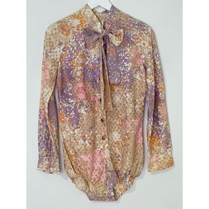 VTG Lord & Taylor Long Sleeve Neck Bow Bodysuit Watercolor Print Size Medium